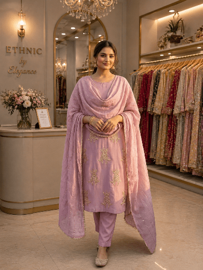 Soft Dusty Pink Chinon Embroidery Straight Suit Set - BONYHUBSALWAR KAMEEZ
