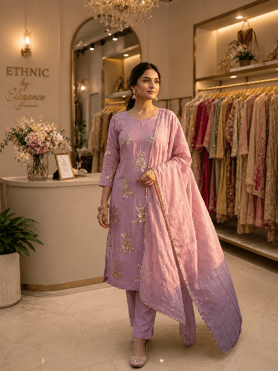 Soft Dusty Pink Chinon Embroidery Straight Suit Set - BONYHUBSALWAR KAMEEZ