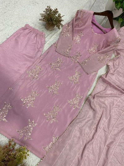 Soft Dusty Pink Chinon Embroidery Straight Suit Set - BONYHUBSALWAR KAMEEZ