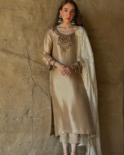 Soft Gold Luxurious Silk Embroidered Straight Suit Set - BONYHUBSALWAR KAMEEZ