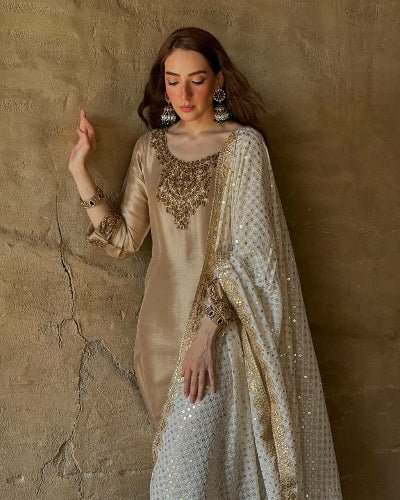 Soft Gold Luxurious Silk Embroidered Straight Suit Set - BONYHUBSALWAR KAMEEZ