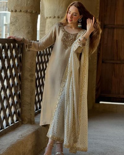 Soft Gold Luxurious Silk Embroidered Straight Suit Set - BONYHUBSALWAR KAMEEZ