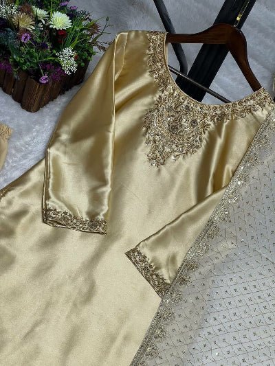 Soft Gold Luxurious Silk Embroidered Straight Suit Set - BONYHUBSALWAR KAMEEZ