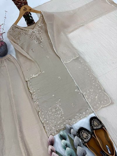 Soft Ivory Beige Tissue Silk Sharara Palazzo Suit UK Next Day - BONYHUBSALWAR KAMEEZ