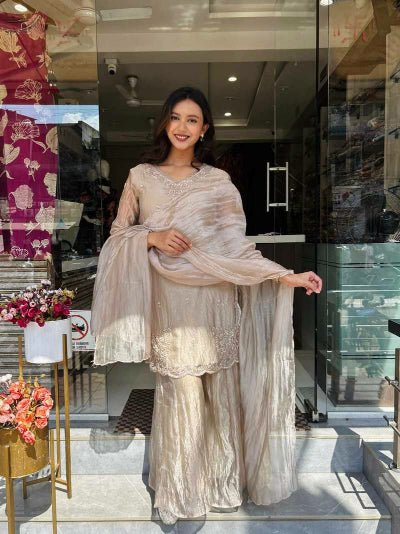 Soft Ivory Beige Tissue Silk Sharara Palazzo Suit UK Next Day - BONYHUBSALWAR KAMEEZ