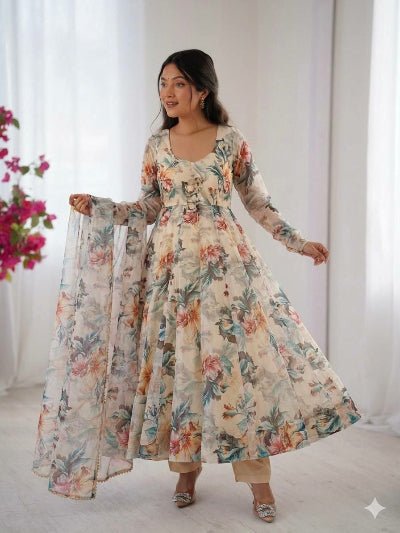 Soft Ivory Cream Floral Organza Anarkali Suit Set - BONYHUBSALWAR KAMEEZ