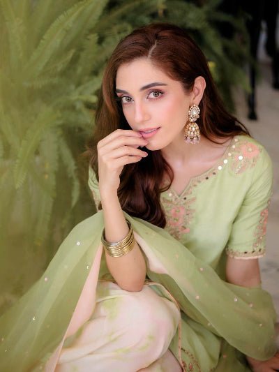 Soft Pastel Green Farshi Suit Set with Mirror & Moti Detailing - BONYHUBSALWAR KAMEEZ