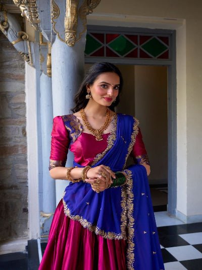 South Indian Half Saree | Blue Silk Blouse Red Lehenga Gold Border - BONYHUBSALWAR KAMEEZ