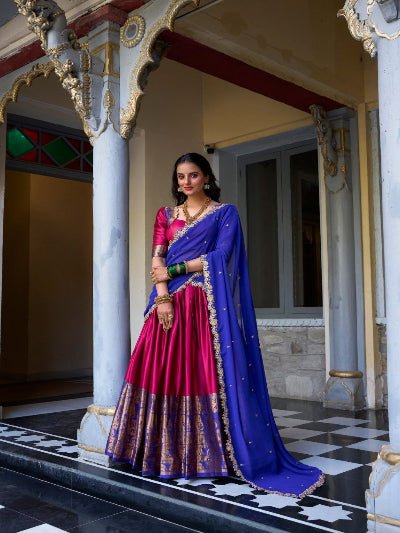 South Indian Half Saree | Blue Silk Blouse Red Lehenga Gold Border - BONYHUBSALWAR KAMEEZ