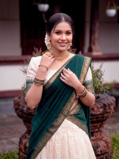 South Indian Half Saree | Cream Checked Blouse Cream Lehenga Green Gold - BONYHUBSALWAR KAMEEZ