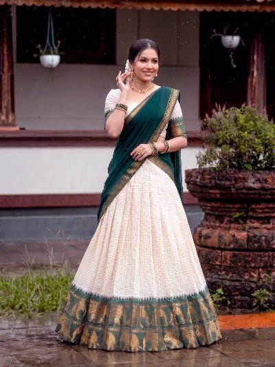 South Indian Half Saree | Cream Checked Blouse Cream Lehenga Green Gold - BONYHUBSALWAR KAMEEZ
