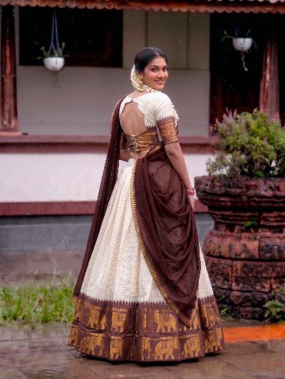 South Indian Half Saree | Cream Silk Blouse Cream Lehenga Burgundy Gold Border - BONYHUBSALWAR KAMEEZ