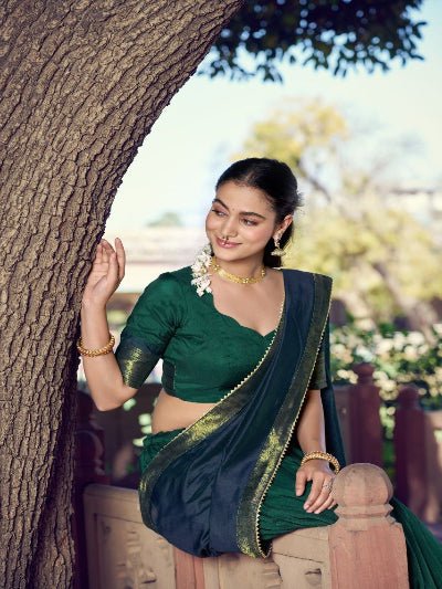 South Indian Half Saree | Green Silk Blouse Green Lehenga Gold Brocade Border - BONYHUBSALWAR KAMEEZ