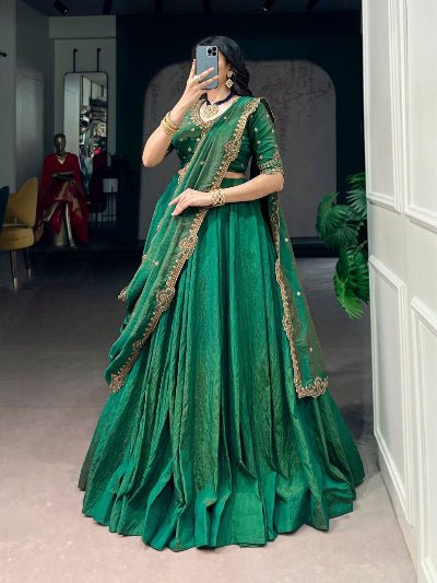 South Indian Half Saree | Green Silk Blouse Green Lehenga Gold Embroidery - BONYHUBSALWAR KAMEEZ
