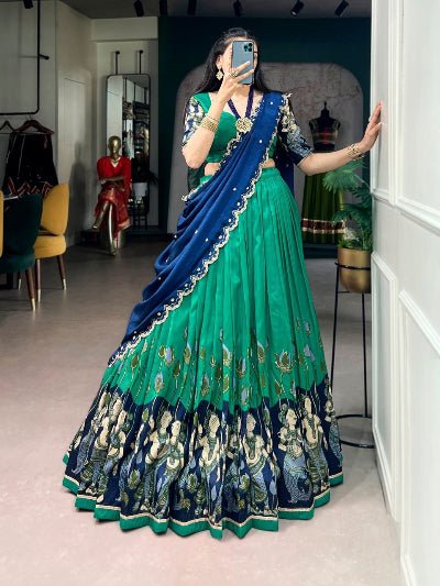 South Indian Half Saree | Green Silk Blouse Green Lehenga Gold Peacock - BONYHUBSALWAR KAMEEZ