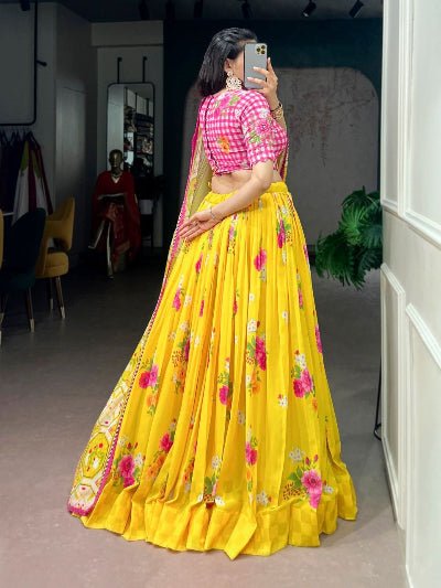 South Indian Half Saree | Pink Checkered Blouse Yellow Floral Lehenga Choli - BONYHUBSALWAR KAMEEZ