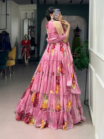 South Indian Half Saree | Pink Silk Blouse Pink Lehenga Floral Print - BONYHUBSALWAR KAMEEZ