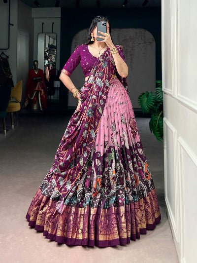 South Indian Half Saree | Purple Silk Blouse Purple Lehenga Pink Gold Border - BONYHUBSALWAR KAMEEZ