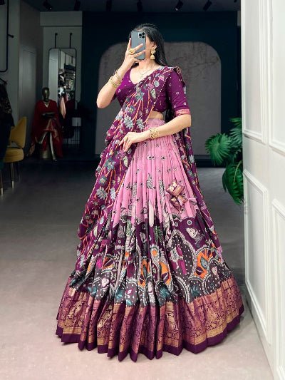 South Indian Half Saree | Purple Silk Blouse Purple Lehenga Pink Gold Border - BONYHUBSALWAR KAMEEZ