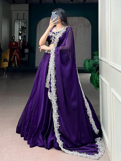 South Indian Half Saree | Purple Silk Blouse Purple Lehenga White Lace Border - BONYHUBSALWAR KAMEEZ