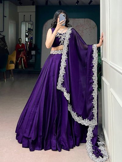 South Indian Half Saree | Purple Silk Blouse Purple Lehenga White Lace Border - BONYHUBSALWAR KAMEEZ