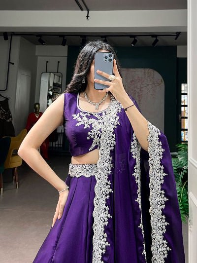 South Indian Half Saree | Purple Silk Blouse Purple Lehenga White Lace Border - BONYHUBSALWAR KAMEEZ