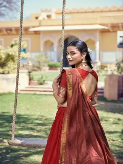 South Indian Half Saree | Red Silk Blouse Red Lehenga Gold Brocade Border - BONYHUBSALWAR KAMEEZ