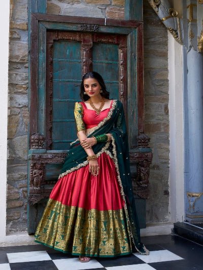South Indian Half Saree | Red Silk Blouse Red Lehenga Gold Brocade Border - BONYHUBSALWAR KAMEEZ
