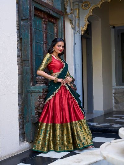 South Indian Half Saree | Red Silk Blouse Red Lehenga Gold Brocade Border - BONYHUBSALWAR KAMEEZ
