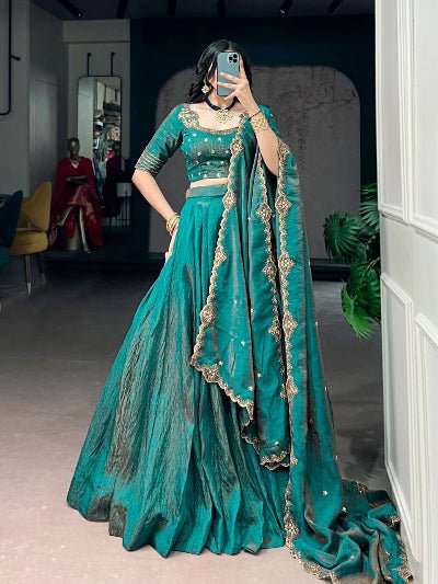 South Indian Half Saree | Teal Silk Blouse Teal Lehenga Gold Embroidery - BONYHUBSALWAR KAMEEZ