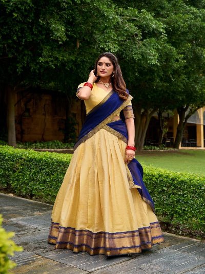 South Indian Half Saree | Yellow Silk Blouse Yellow Lehenga Blue Gold Border - BONYHUBSALWAR KAMEEZ