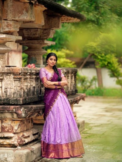 South Indian Half Saree | Yellow Silk Blouse Yellow Lehenga Gold Brocade (Copy) - BONYHUBSALWAR KAMEEZ