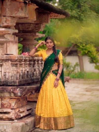 South Indian Half Saree | Yellow Silk Blouse Yellow Lehenga Gold Brocade - BONYHUBSALWAR KAMEEZ