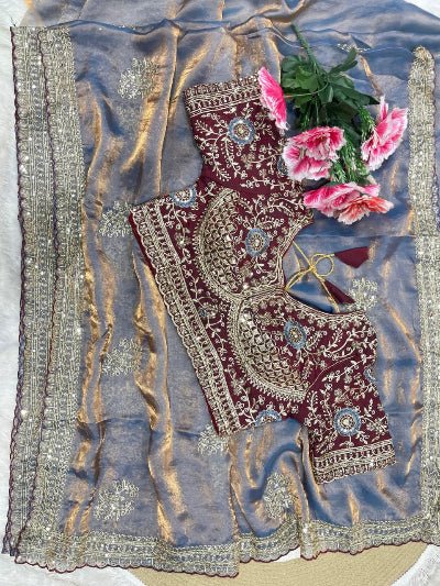 Steel Blue Embroidered Ready to Wear Saree with Maroon Stitched Blouse for Women | Asian Ethnic Wear - BONYHUBSAREE