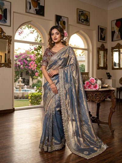 Steel Blue Embroidered Ready to Wear Saree with Maroon Stitched Blouse for Women | Asian Ethnic Wear - BONYHUBSAREE