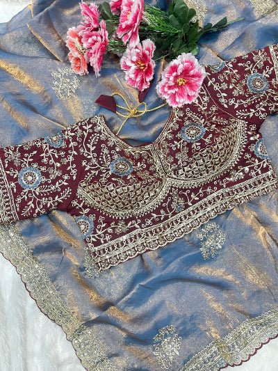 Steel Blue Embroidered Ready to Wear Saree with Maroon Stitched Blouse for Women | Asian Ethnic Wear - BONYHUBSAREE