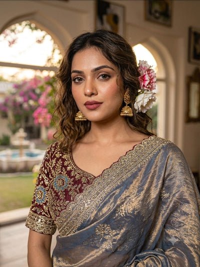 Steel Blue Embroidered Ready to Wear Saree with Maroon Stitched Blouse for Women | Asian Ethnic Wear - BONYHUBSAREE