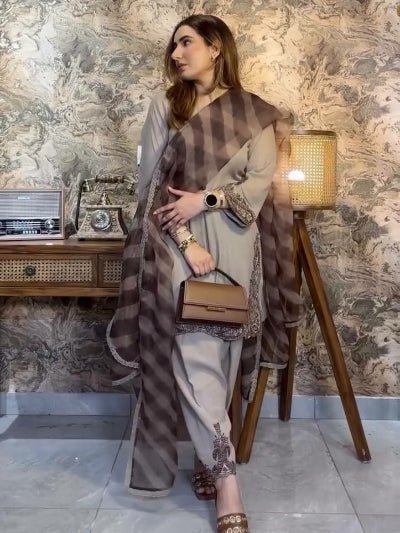 Stone Grey Georgette Embroidered Farshi Suit Set - BONYHUBSALWAR KAMEEZ