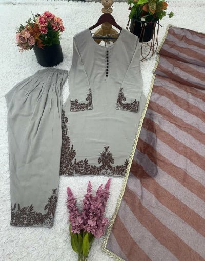 Stone Grey Georgette Embroidered Farshi Suit Set - BONYHUBSALWAR KAMEEZ