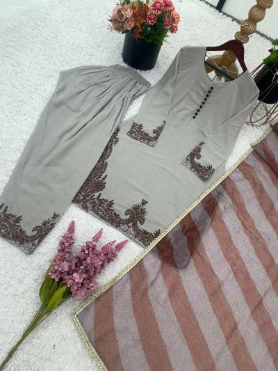 Stone Grey Georgette Embroidered Farshi Suit Set - BONYHUBSALWAR KAMEEZ