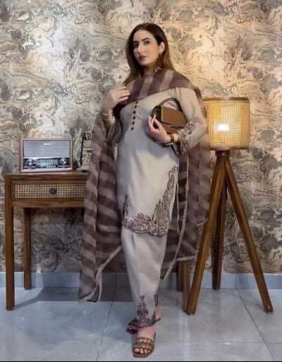 Stone Grey Georgette Embroidered Farshi Suit Set - BONYHUBSALWAR KAMEEZ