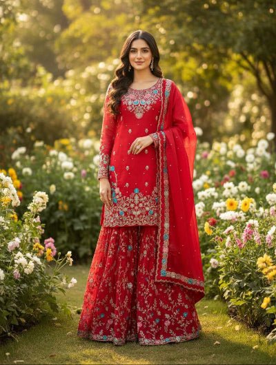 Stunning Red Embroidered Work Gharara Set UK Next Day - BONYHUBSALWAR KAMEEZ
