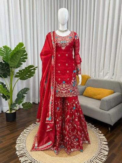 Stunning Red Embroidered Work Gharara Set UK Next Day - BONYHUBSALWAR KAMEEZ