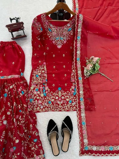 Stunning Red Embroidered Work Gharara Set UK Next Day - BONYHUBSALWAR KAMEEZ