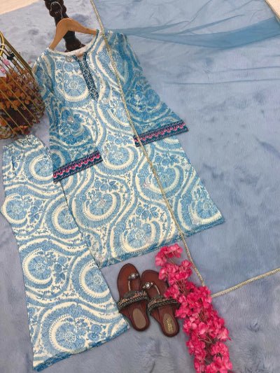 Stylish Light Blue Georgette Printed Farshi Suit Set - BONYHUBSALWAR KAMEEZ