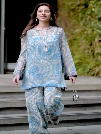 Stylish Light Blue Georgette Printed Farshi Suit Set - BONYHUBSALWAR KAMEEZ