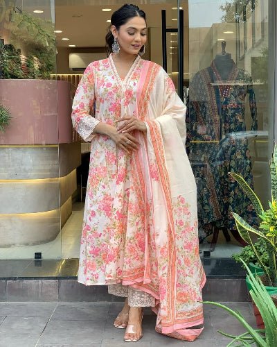 Summer Ready Orange Floral Anarkali Suit Set UK Next Day - BONYHUBSALWAR KAMEEZ