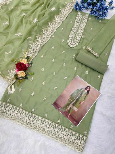 Tahira Green Organza Silk Embroidered Salwar Suit Set - BONYHUBSALWAR KAMEEZ