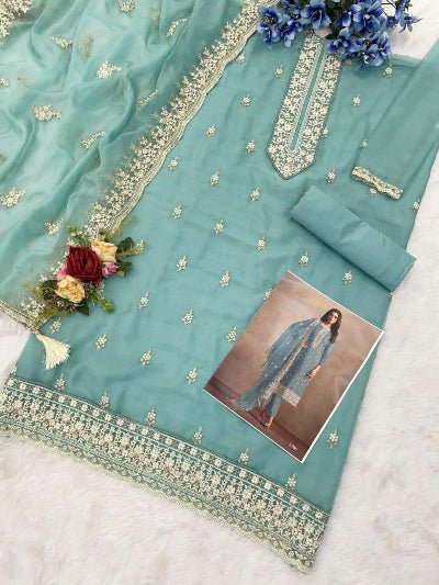 Tahira Seablue Organza Silk Embroidered Salwar Suit Set - BONYHUBSALWAR KAMEEZ