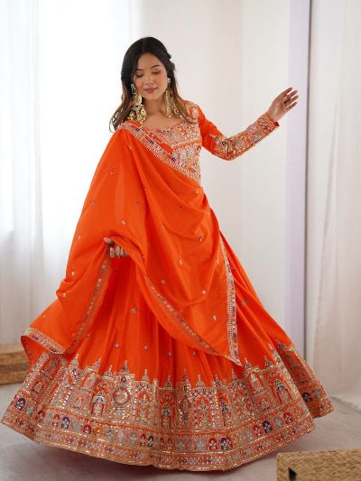 Tangerine Orange Sequin Thread Embroidered Lehenga Choli Set - BONYHUBSALWAR KAMEEZ